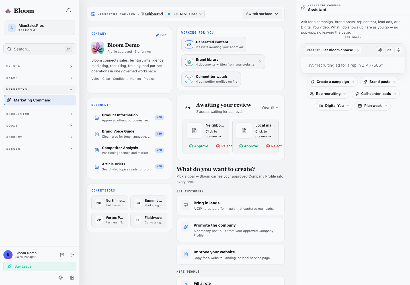 Current complete Marketing Command workspace with company context, approval queue, creation actions, and Copilot