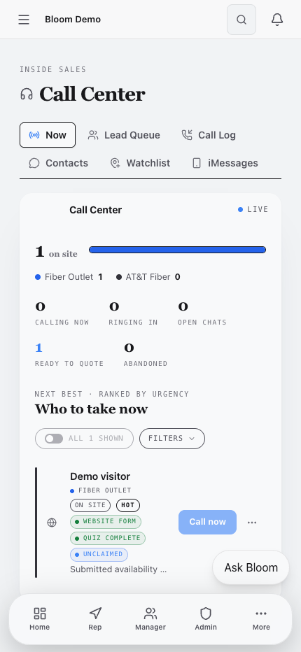Current Bloom mobile Call Center Now view with ranked live-floor work