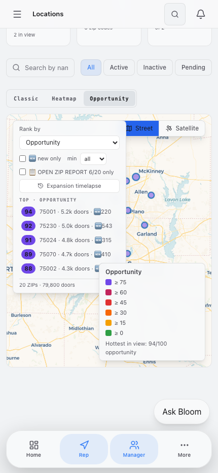 Current Bloom mobile Map Manager opportunity view with ranked ZIPs