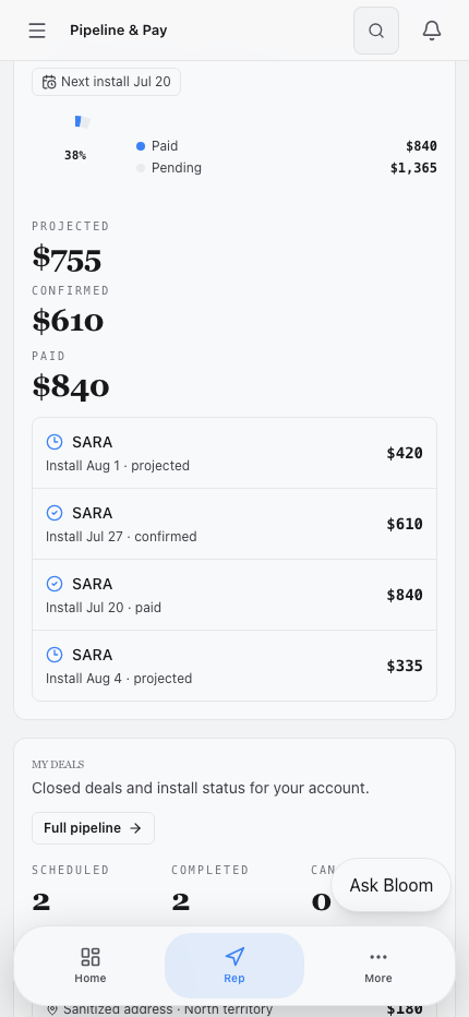 Current Bloom mobile Pipeline and Pay view with projected, confirmed, and paid commissions
