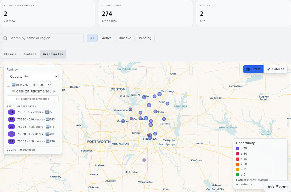 Current Bloom Map Manager desktop opportunity layer with ranked ZIPs, territory scores, and coverage controls
