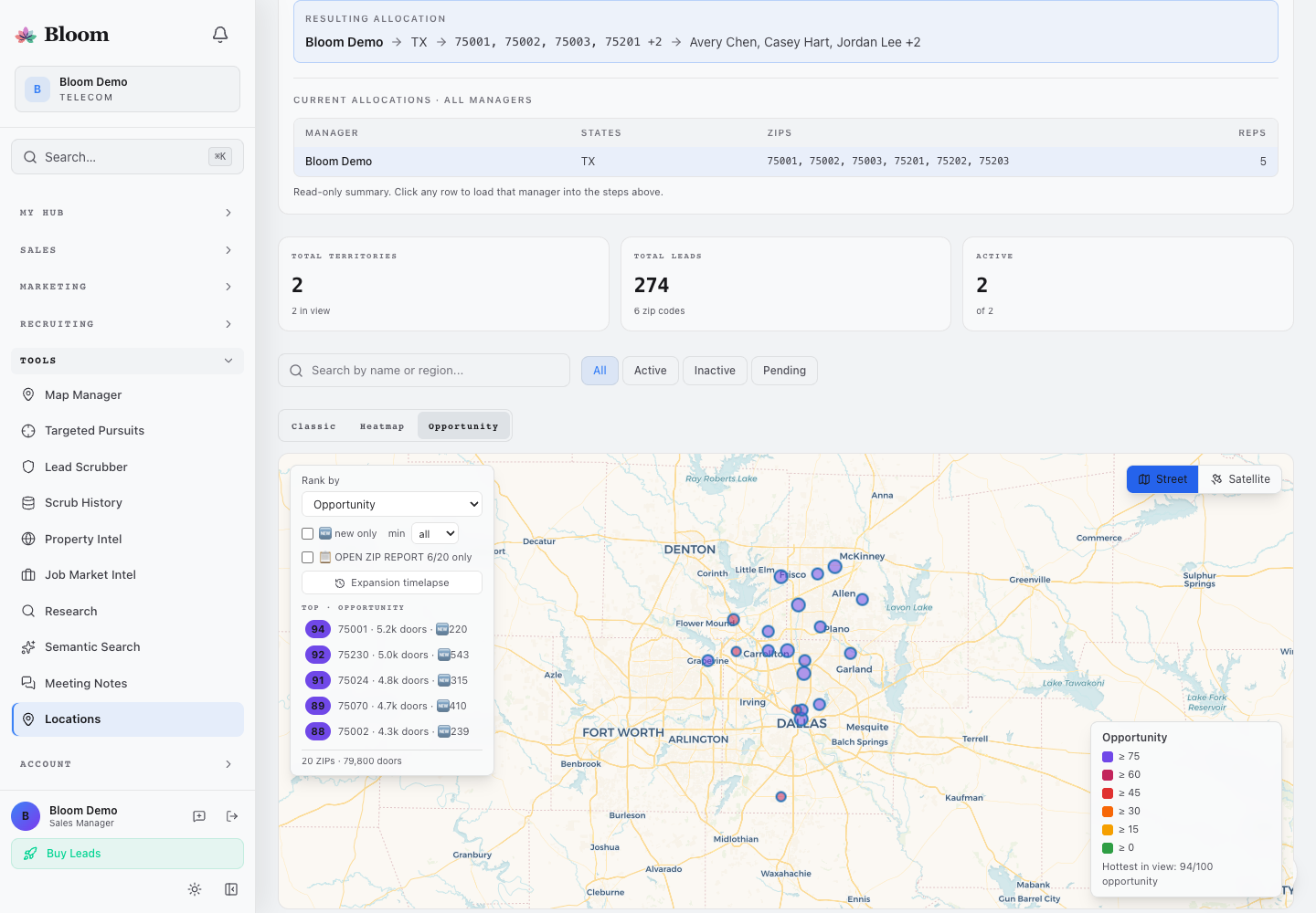 Bloom opportunity map with ranked Dallas–Fort Worth territories
