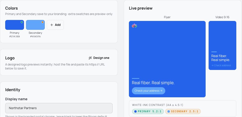 Current Bloom partner branding controls with colors, identity fields, and complete responsive live previews