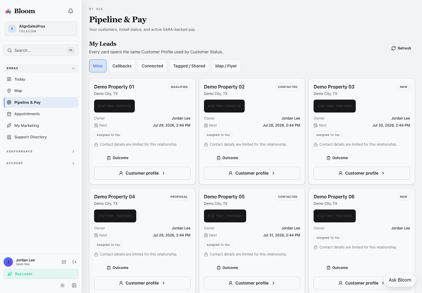 Current Bloom Pipeline and Pay workspace with the complete lead pipeline