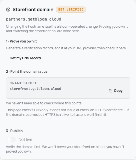 Current Bloom white-label storefront domain verification and publishing controls